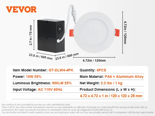 VEVOR led ceiling light specifications: gt-dlw4-4pk, 10w, 900lm, ac 110v, 4pcs, pa6+aluminum alloy.