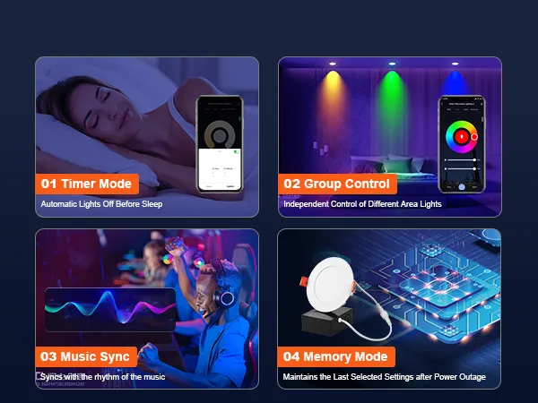 VEVOR led ceiling light features timer, group control, music sync, and memory mode for personalized lighting.