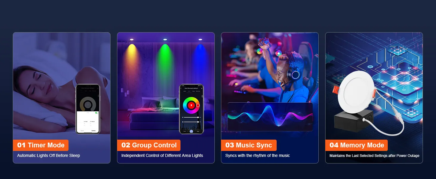 VEVOR led ceiling light features timer, group control, music sync, and memory mode for personalized lighting.