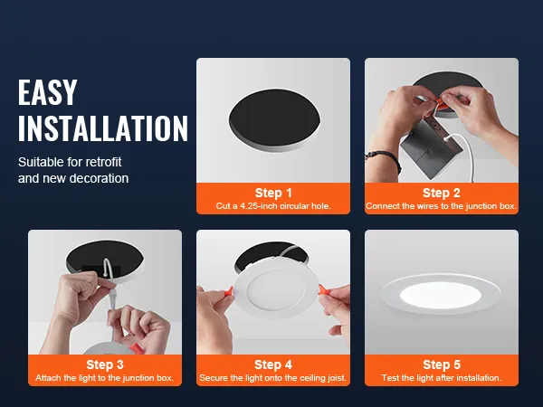 easy installation guide for VEVOR led ceiling light: steps include cutting, wiring, attaching, securing, testing.