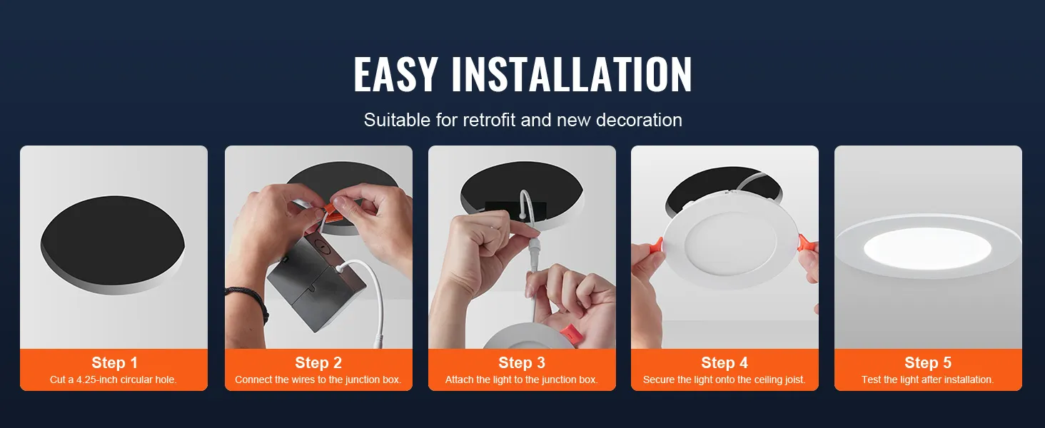 easy installation guide for VEVOR led ceiling light: steps include cutting, wiring, attaching, securing, testing.