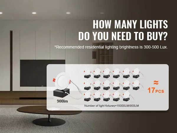 modern living room with recessed VEVOR led ceiling lights; 17 pieces recommended for optimal brightness.