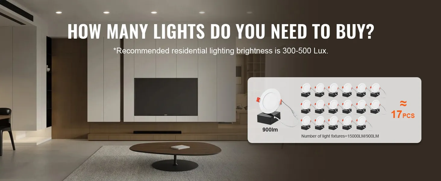 modern living room with recessed VEVOR led ceiling lights; 17 pieces recommended for optimal brightness.