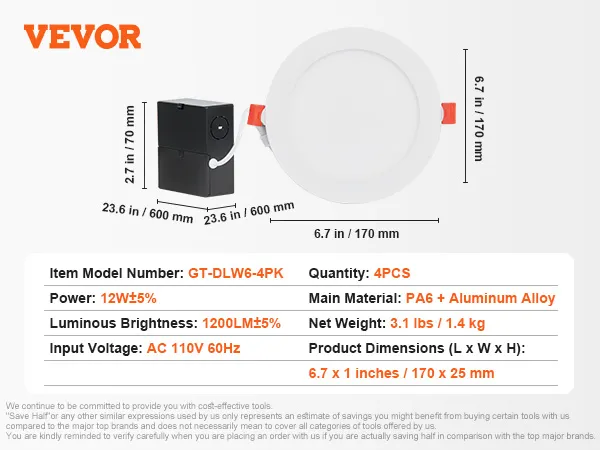 VEVOR led recessed ceiling light specifications with dimensions, power, brightness, and quantity details.