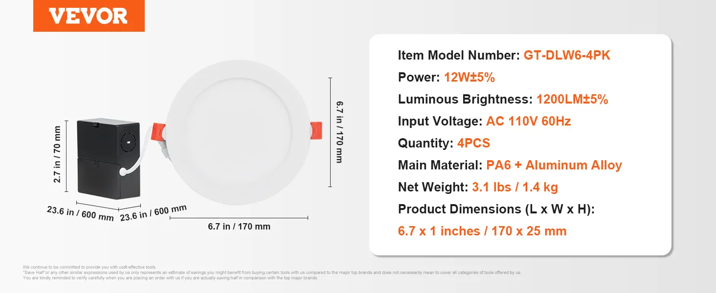 VEVOR led recessed ceiling light specifications with dimensions, power, brightness, and quantity details.