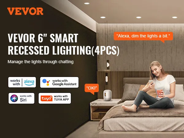 VEVOR 6" smart recessed lighting (4pcs) compatible with alexa, google assistant, siri, and tuya app.