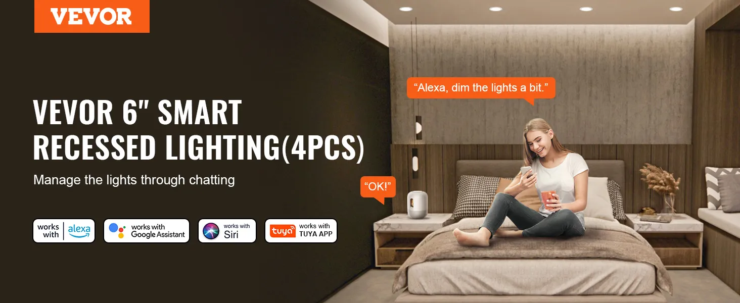 VEVOR 6" smart recessed lighting (4pcs) compatible with alexa, google assistant, siri, and tuya app.