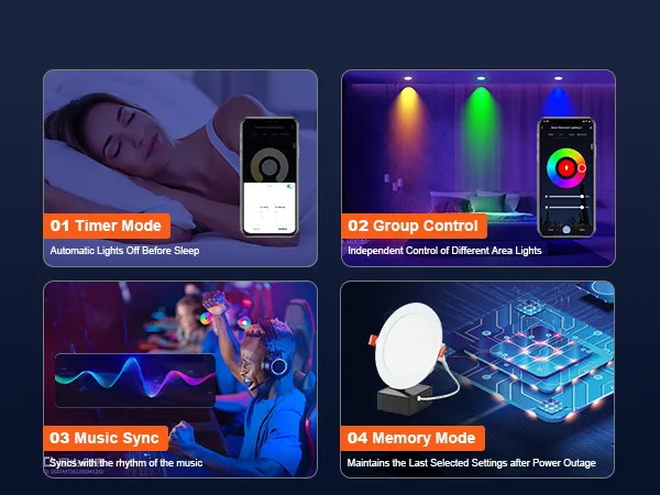 VEVOR led recessed ceiling light modes: timer, group control, music sync, and memory.