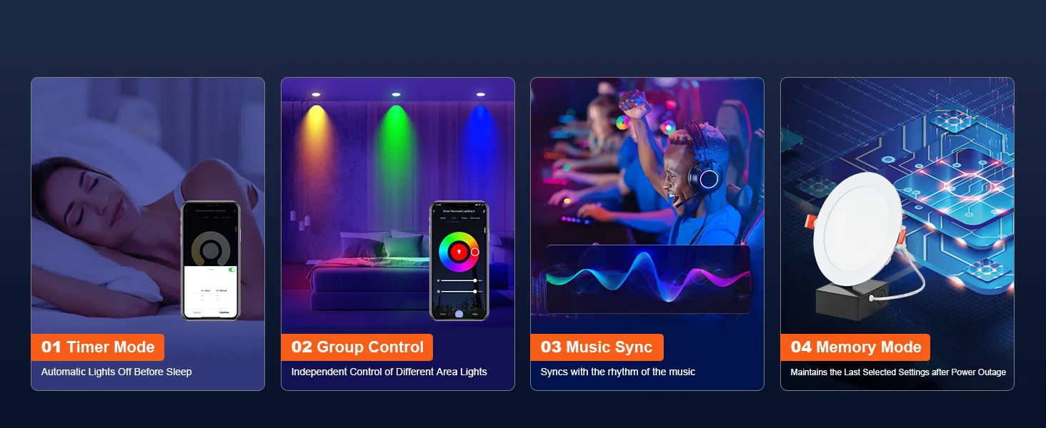 VEVOR led recessed ceiling light modes: timer, group control, music sync, and memory.