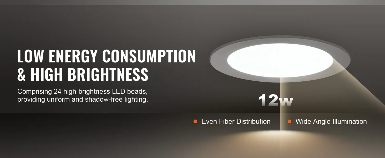 low energy consumption 12w VEVOR led recessed ceiling light with even fiber distribution and wide angle illumination.