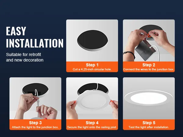 easy installation guide for VEVOR led recessed ceiling light from cutting a hole to testing the light.