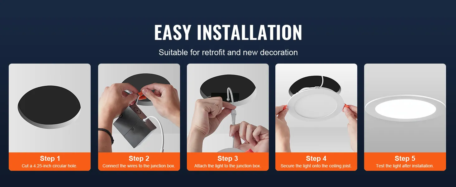 easy installation guide for VEVOR led recessed ceiling light from cutting a hole to testing the light.