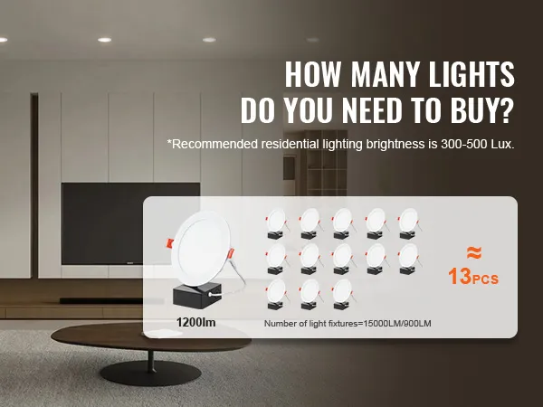 modern living room with recessed ceiling lights and a VEVOR led recessed ceiling light calculation chart.