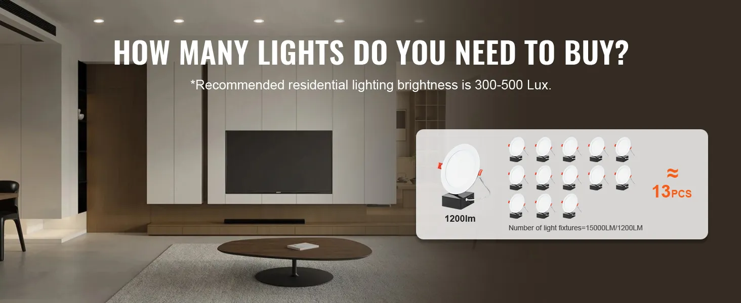 modern living room with recessed ceiling lights and a VEVOR led recessed ceiling light calculation chart.