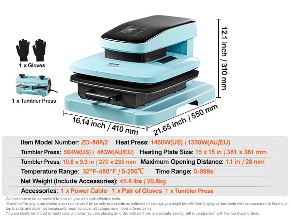 Specificaties en afmetingen van de VEVOR automatische warmtepersmachine, kleur blauw, inclusief meegeleverde accessoires.