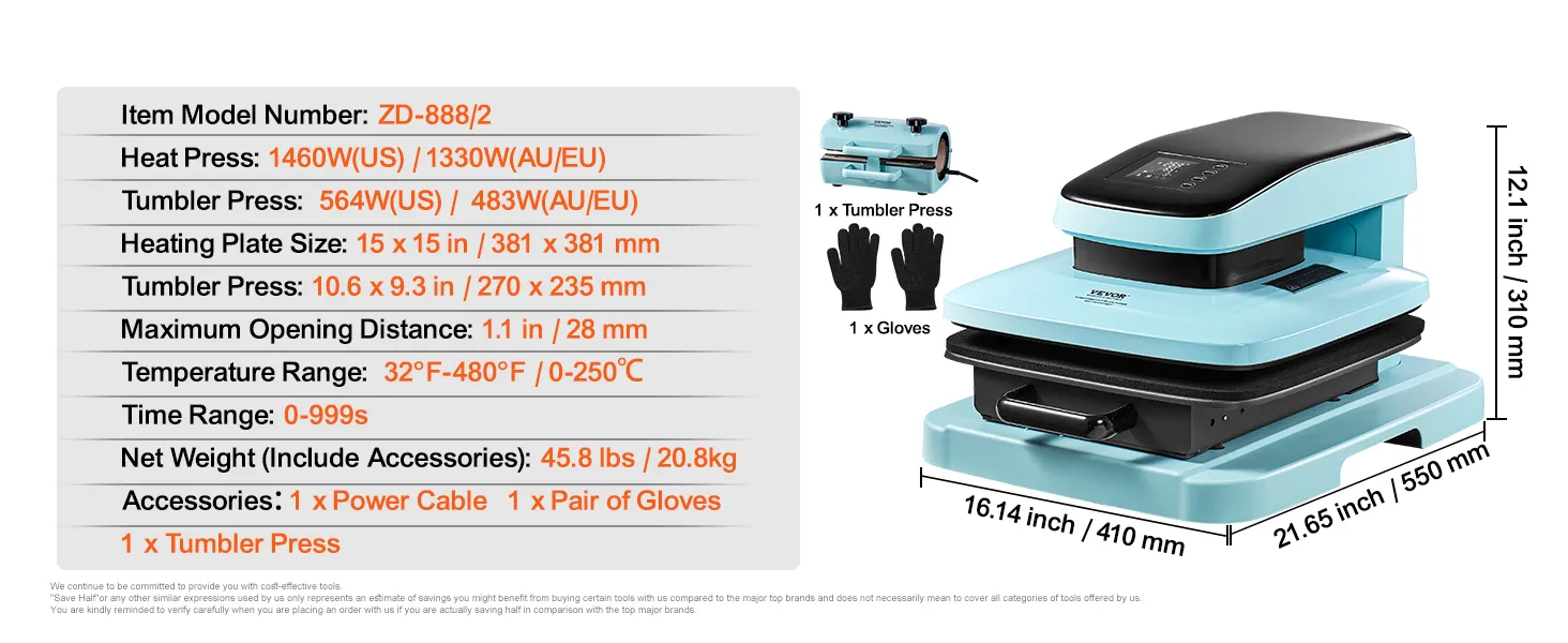 VEVOR auto heat press machine specifications and dimensions, blue in color with included accessories.