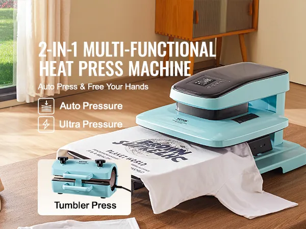 VEVOR automatische warmtepersmachine, 2-in-1 ontwerp met automatische druk, voor het persen van een T-shirt op een hardhouten vloer.