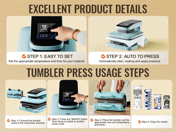 VEVOR automatische warmtepersmachine stappen en instructies voor de droogtrommelpers, met bedieningsknoppen en productgebruik.