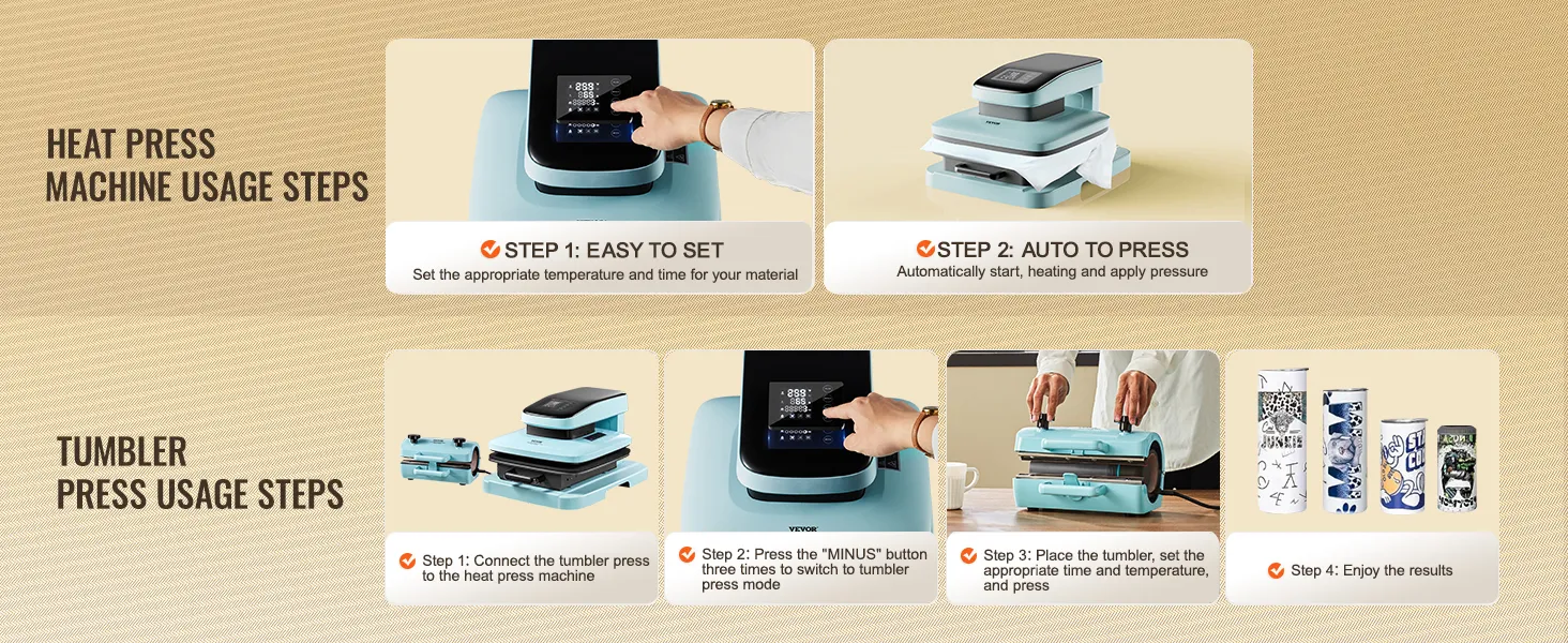 VEVOR auto heat press machine steps and tumbler press instructions, showing control buttons and product usage.
