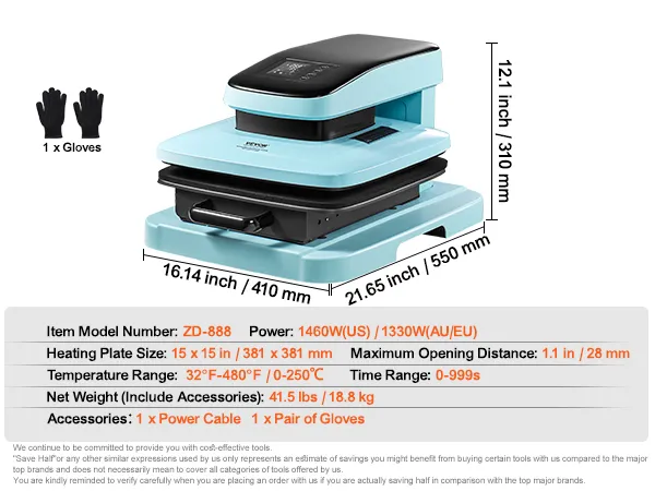 VEVOR automatische warmtepersmachine zd-888, verwarmingsplaat van 15x15 inch, vermogen van 1460 W/1330 W met handschoenen en kabel.