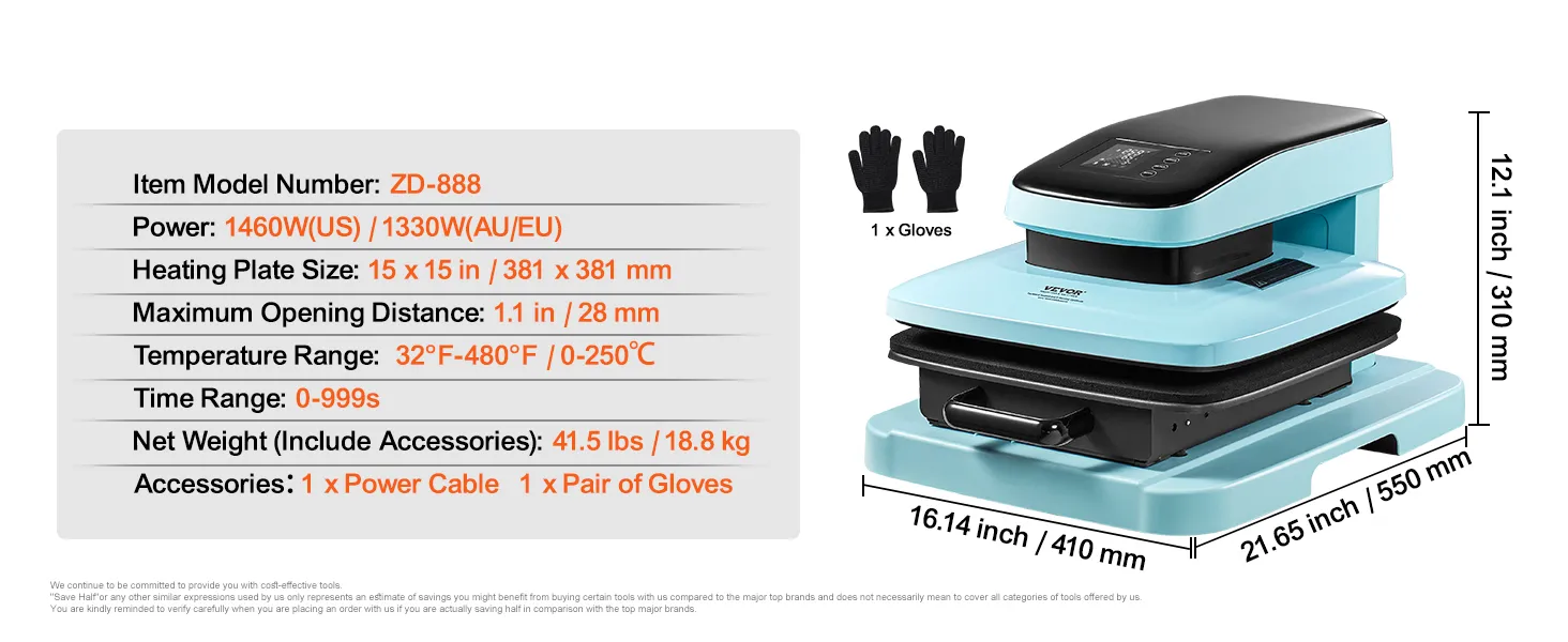 VEVOR automatische warmtepersmachine zd-888, verwarmingsplaat van 15x15 inch, vermogen van 1460 W/1330 W met handschoenen en kabel.