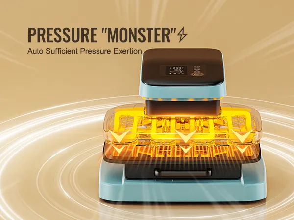 VEVOR automatische warmtepersmachine met gloeiende gele elementen, "drukmonster"-label en futuristisch design.