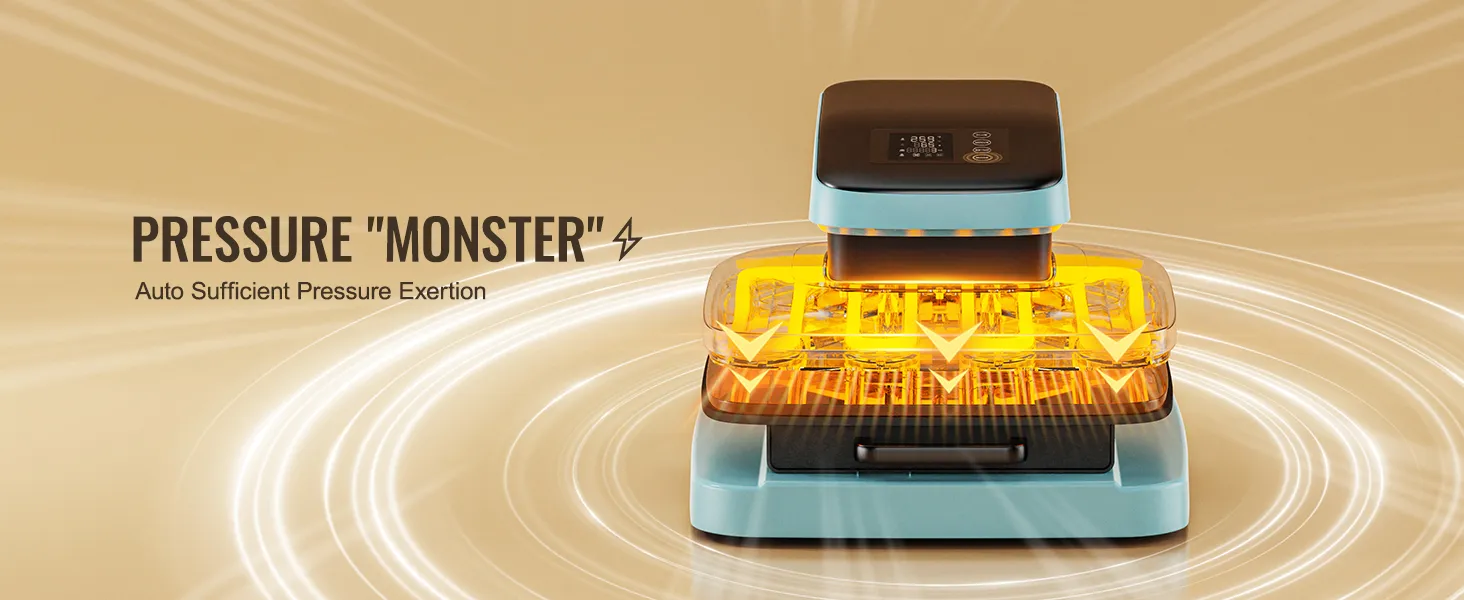VEVOR automatische warmtepersmachine met gloeiende gele elementen, "drukmonster"-label en futuristisch design.