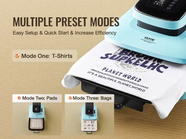 VEVOR automatische warmtepersmachine met meerdere vooraf ingestelde standen: t-shirts, pads en zakken. Eenvoudige installatie en snelle start.