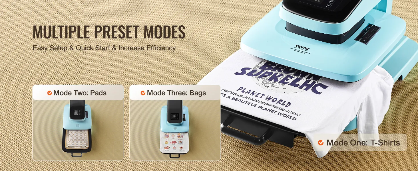 VEVOR automatische warmtepersmachine met meerdere vooraf ingestelde standen: t-shirts, pads en zakken. Eenvoudige installatie en snelle start.