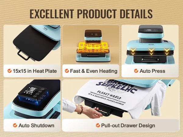 VEVOR automatische warmtepersmachine met 15"x15" verwarmingsplaat, snelle verwarming, automatisch persen en uittrekbare lade.