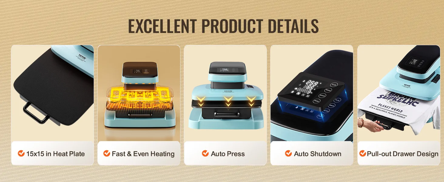VEVOR automatische warmtepersmachine met 15"x15" verwarmingsplaat, snelle verwarming, automatisch persen en uittrekbare lade.