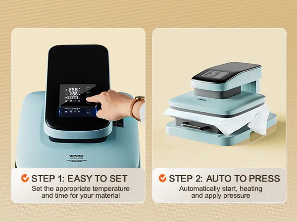 VEVOR automatische warmtepersmachine afgebeeld met eenvoudige installatie en automatische persfuncties.