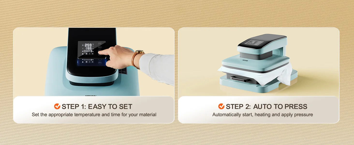 VEVOR automatische warmtepersmachine afgebeeld met eenvoudige installatie en automatische persfuncties.
