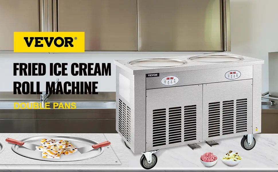 Máquina para hacer helado enrollado VEVOR con dos bandejas en una cocina.