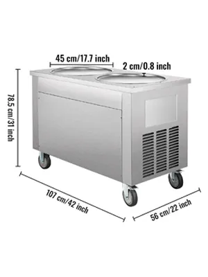 Máquina de helado enrollado VEVOR con dimensiones y dos bandejas de enfriamiento sobre ruedas.