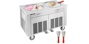 Máquina para hacer helado enrollado VEVOR con dos bandejas y raspadores laterales.