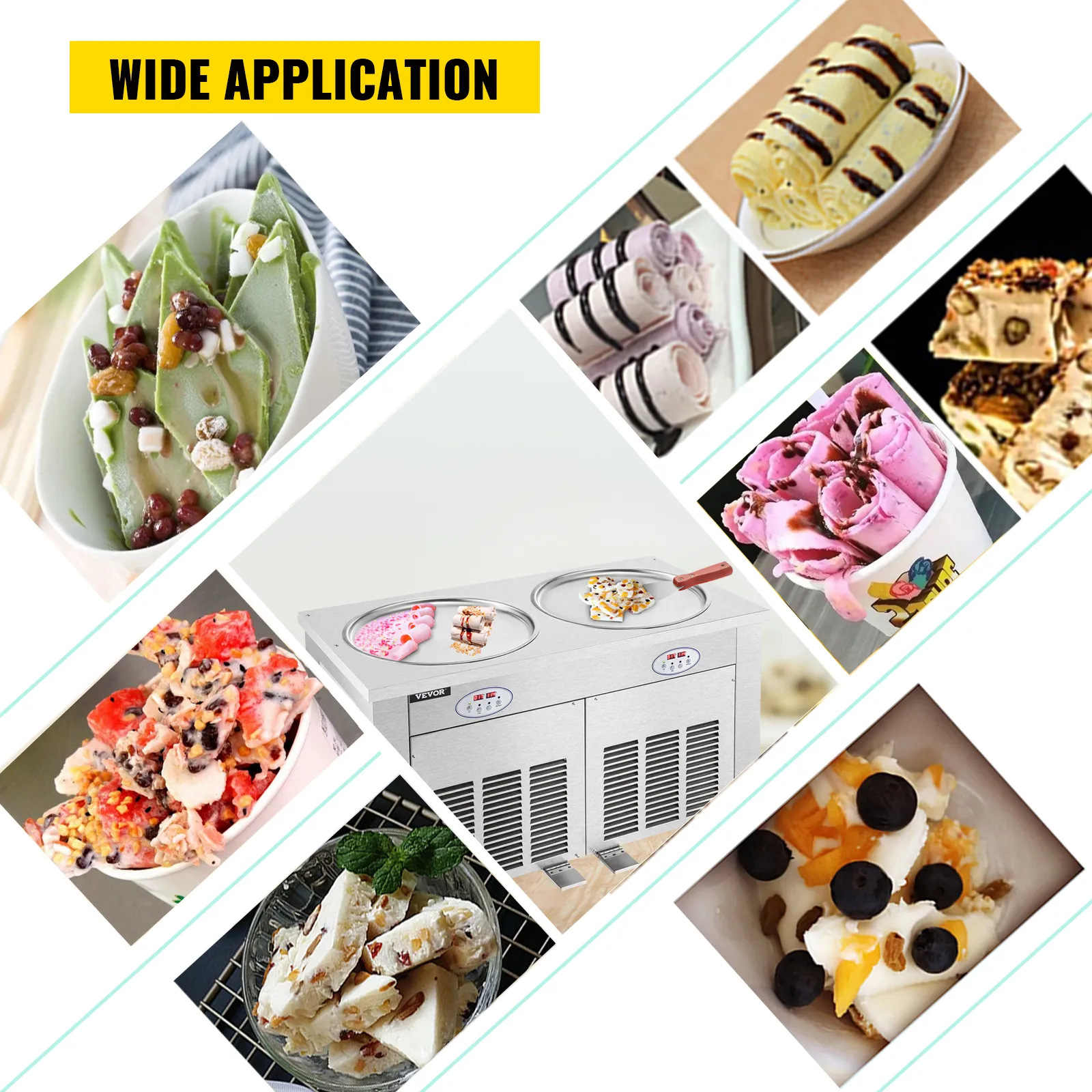 Máquina para hacer helado enrollado VEVOR con diversas creaciones de postres y texto de "amplia aplicación".