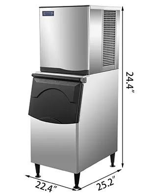 VEVOR flake ice machine with measurements: 24.4" h, 25.2" w, 22.4" d.