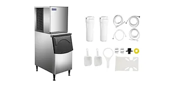 VEVOR flake ice machine with water filters, scoops, hoses, and fittings.