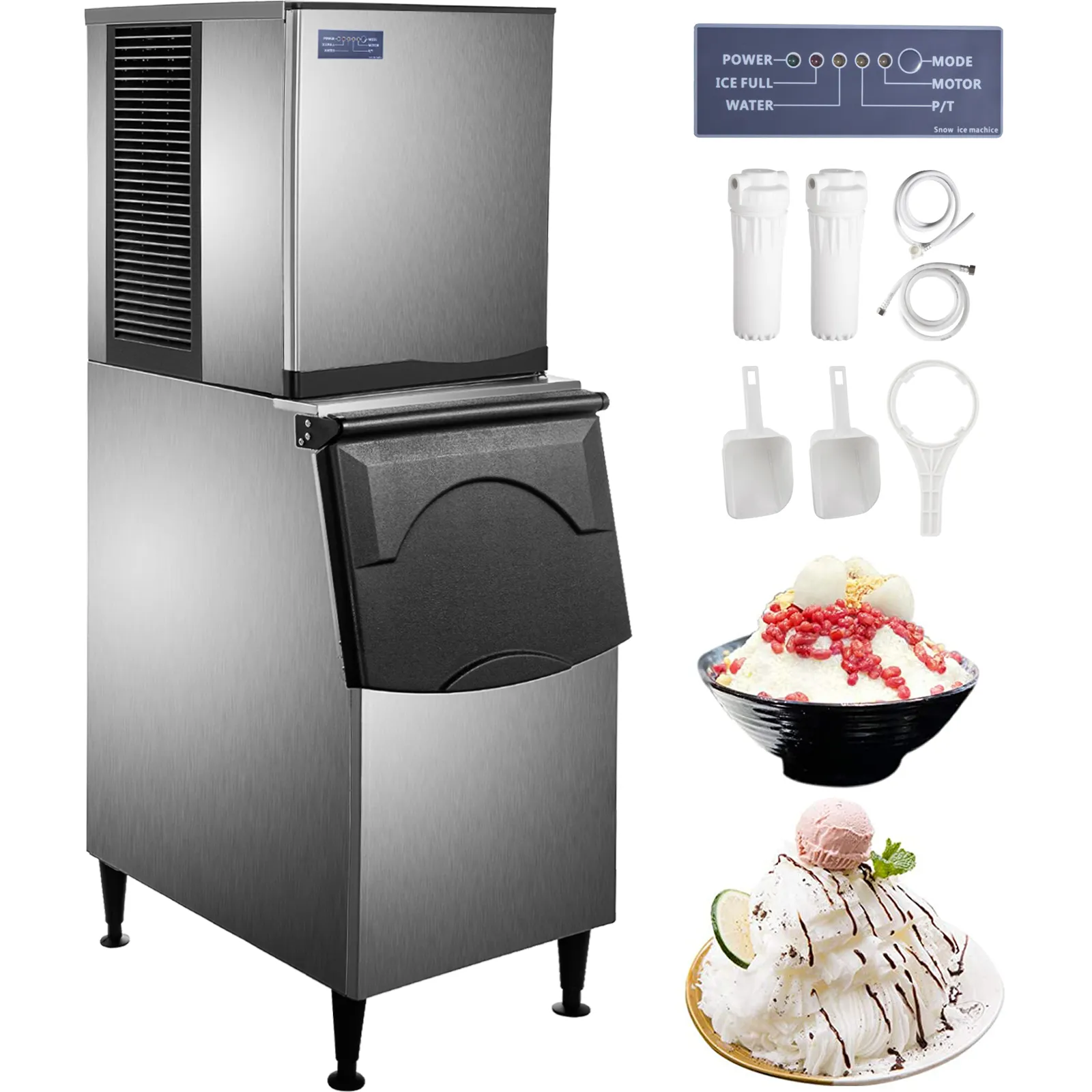 VEVOR flake ice machine with accessories and shaved ice desserts.