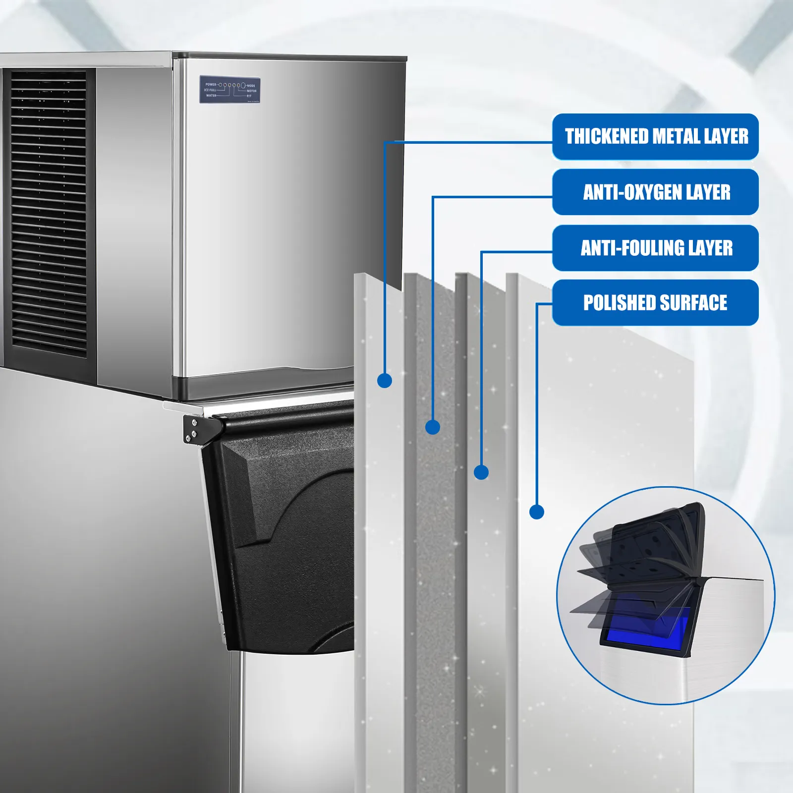 VEVOR flake ice machine with durable metal layers and polished surface.