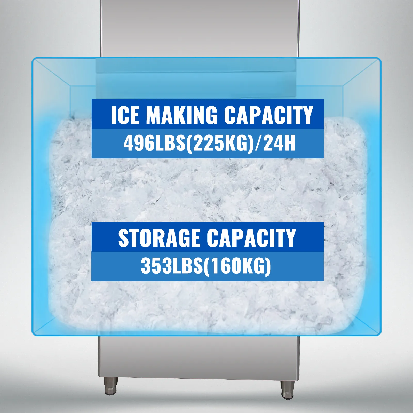 VEVOR flake ice machine, ice making capacity 496lbs/24h, storage capacity 353lbs.