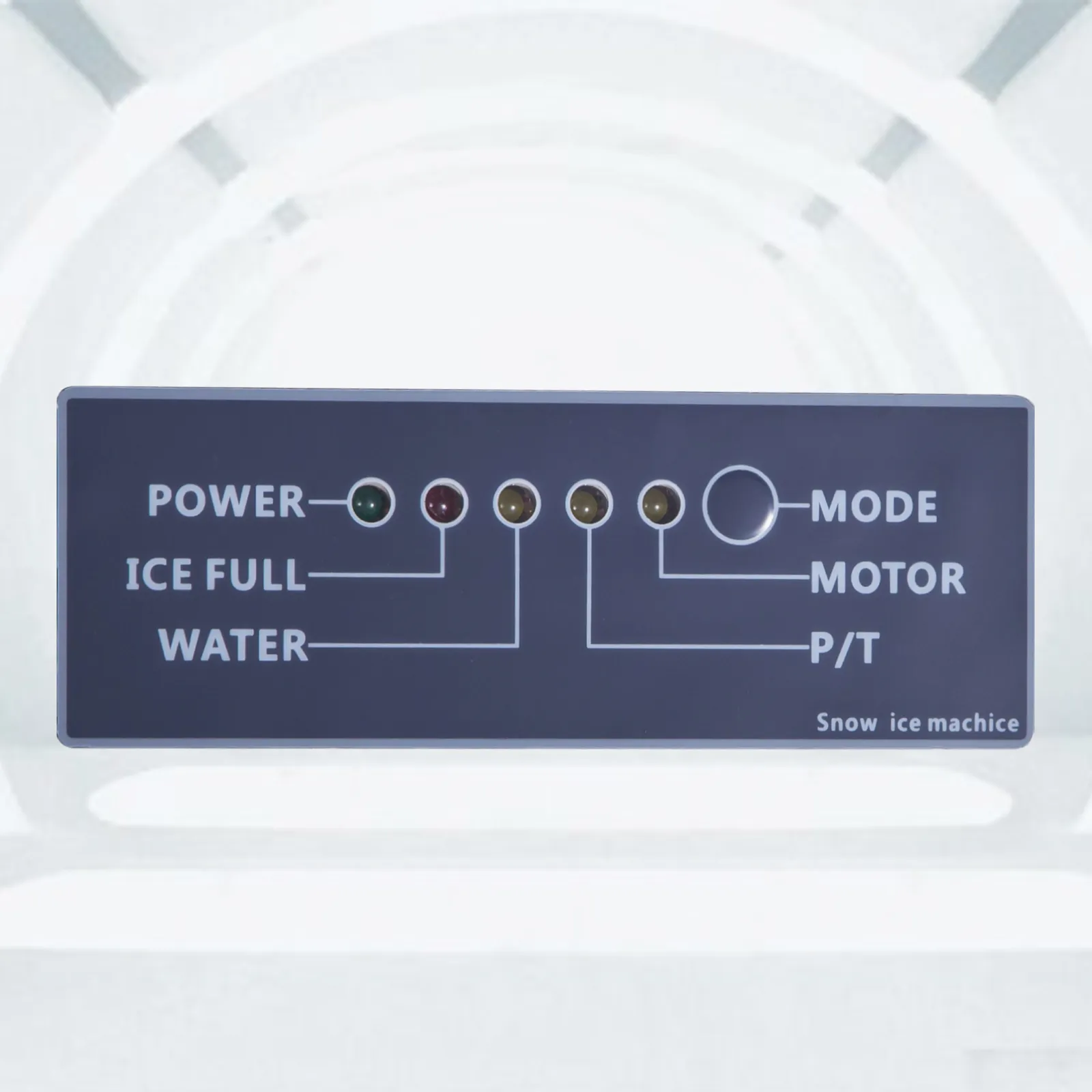 control panel of VEVOR flake ice machine with labeled indicator lights and settings.