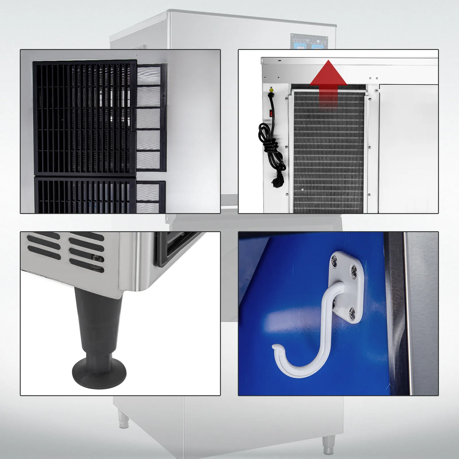 VEVOR flake ice machine close-ups: air filter, condenser, leg, and hook details.