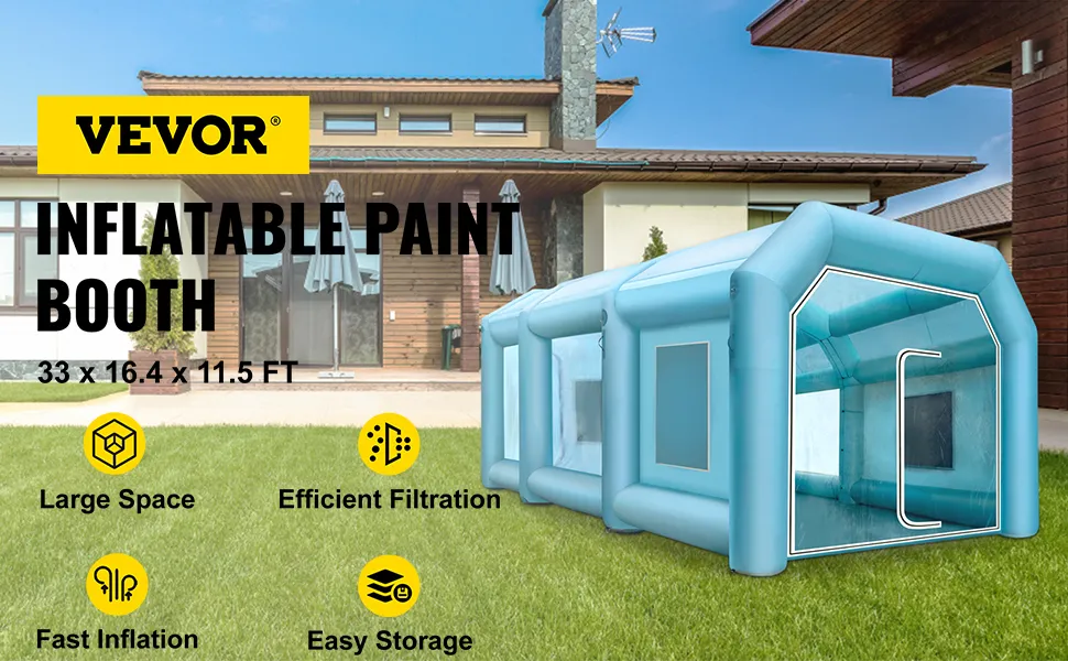 Nadmuchiwana kabina lakiernicza VEVOR ustawiona na zewnątrz nowoczesnego domu z wyróżnionymi elementami.
