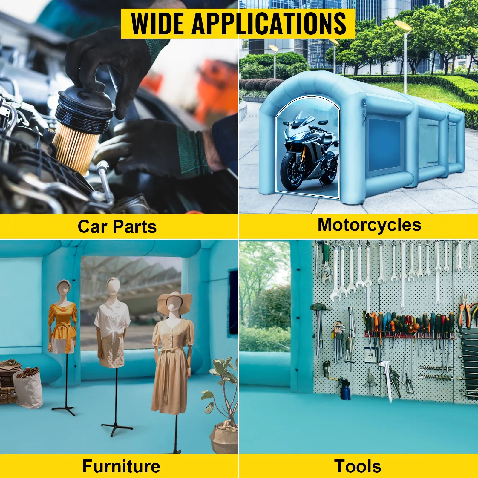 VEVOR inflatable spray booth: car parts, motorcycles, furniture, tools. wide applications.