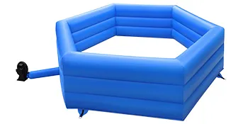blue hexagonal VEVOR gaga ball pit with an attached air pump.