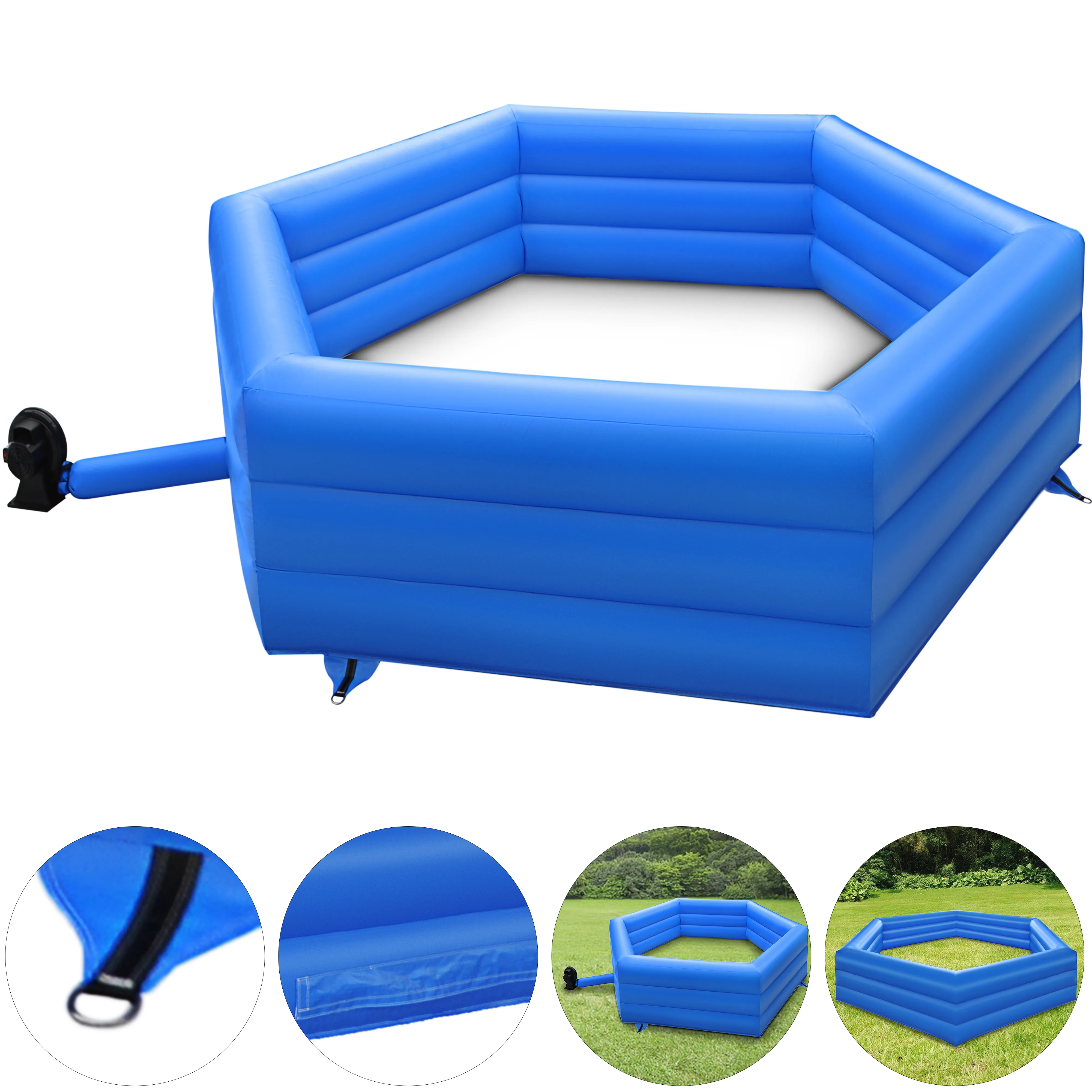 VEVOR gaga ball pit in blue with hexagonal inflatable walls and outdoor setting.