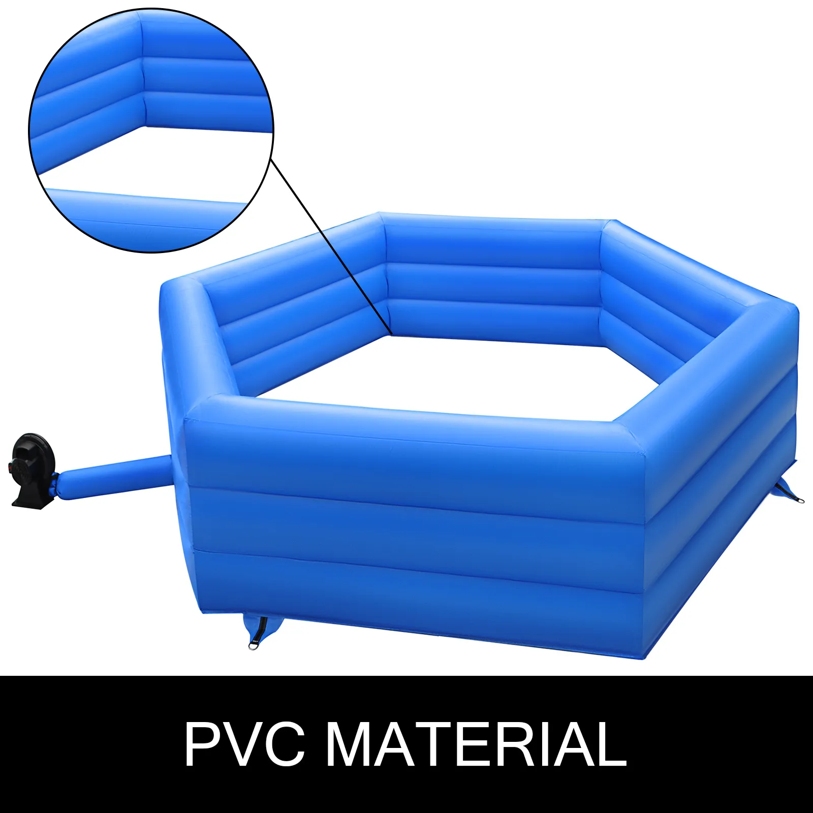 blue VEVOR gaga ball pit made of pvc material with an electric air pump attached.