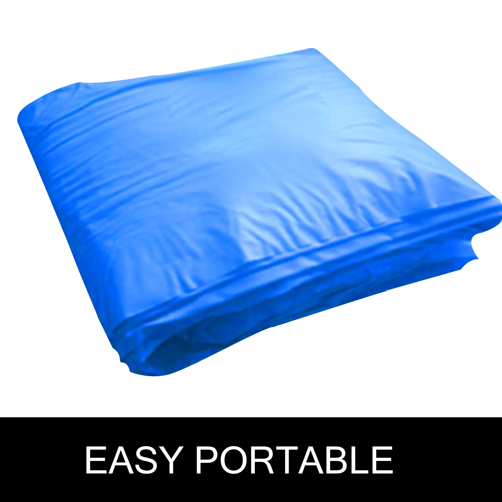 folded blue tarp with text "easy portable" for VEVOR gaga ball pit.